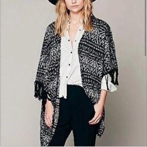 Free People Black White Fringed Tapestry Open Kimono Cardigan